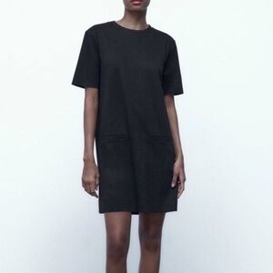 Zara Black Faux Suede Short Sleeve Mini T-Shirt Dress | Size Medium
